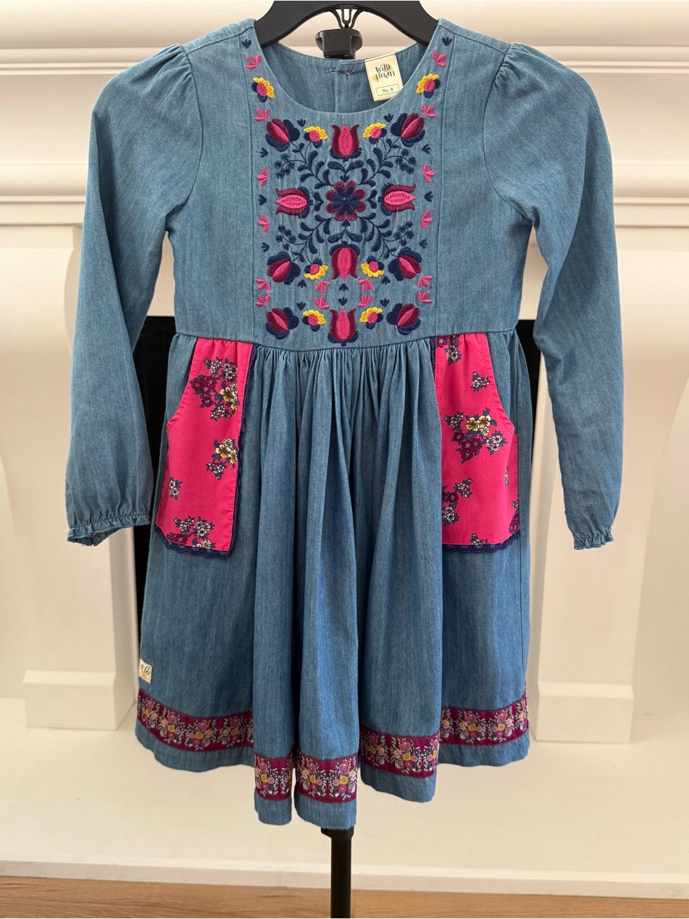 Wildflowers Denim Dress with Pink Floral Accents- Girls 8
